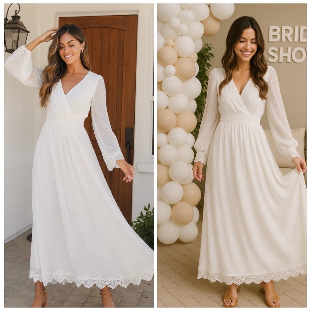 Lulu's Ivory V‑Neck Long Sleeve Maxi Dress with Lace Trim